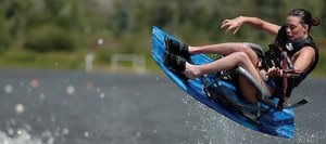 Joy Rondeau had no trouble getting air Wednesday afternoon at Bald Eagle Lake in Steamboat Springs. Rondeau was born with cerebral palsy, but she didn't let that slow her down as she tried out her adaptive wakeboard all the way across the wake behind the ski boat.