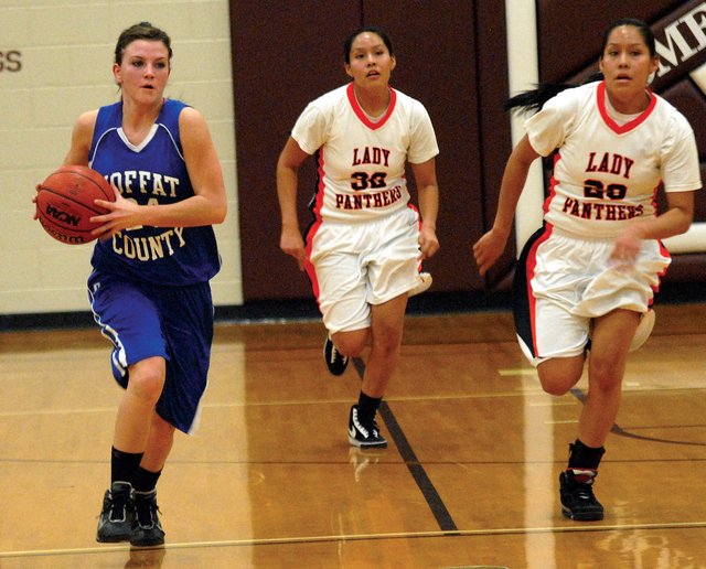 Moffat County junior Melissa Camilletti gets ready to pass the ball up court in the second half of the Bulldog’s 67-57 win against Montezuma-Cortez on Friday. Coach Matt Ray told his team to be more aggressive at halftime and Camilletti was one of the Bulldogs to respond, scoring 20 points and getting to the foul line 13 times.