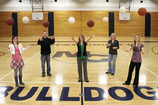 The Camilletti family, from left, Melissa, Dylon, Lisa, Sandy and Makayla, at their home away from home, the Moffat County High School gymnasium. Melissa, Lisa and Makayla, all members of the girls varsity basketball team, said they enjoy playing on the same team with family and also competing against each other for playing time.