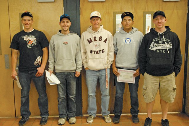 Ben Williams, from left, Dylon Camilletti, Graig Medvesk, Carlos Maldonado and Bubba Ivers stand Wednesday outside the Moffat County High School gym after the MCHS baseball team’s postseason banquet. Williams was named co-player of the year for the Western Slope League and received first-team all-conference honors along with Camilletti and Ivers. Medvesk and Maldonado were named honorable mentions.