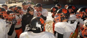 Hayden coach Shawn Baumgartner meets with his football team Wednesday. They play Saturday in Parker against Lutheran in the first round of the Class 1A playoffs.