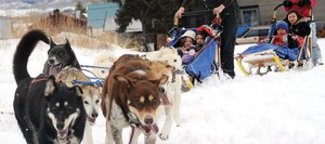 A team of dogs mostly composed of Iditarod finishers rounds a corner on a snowy field next to South Routt Elementary School on Wednesday. Tami Thurston offered rides to students, helping cap off lessons they’d been learning about the dogs and the race.