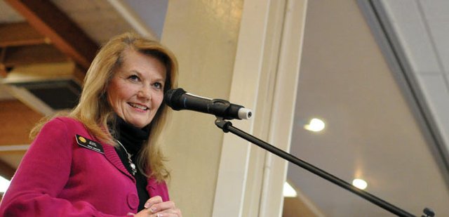 Colorado Sen. Jean White smiles from the podium as she addresses Jo Ann Baxter, former Moffat County School Board president, during Friday night’s State of the County event at Holiday Inn. White spoke to a crowd of more than 80 people at the event, which also featured speeches from Moffat County Commissioner Audrey Danner and Craig mayor Terry Carwile.