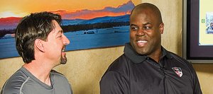 Former Broncos David Treadwell, left, and Reggie Rivers visit with television host Harper Louden on the Steamboat TV18 television show Friday morning. The former Broncos are in town for the Ski 4 Yellow benefit, which will take place Saturday at Steamboat Ski Area.
