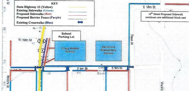 This map provided by Craig City Manager Jim Ferree shows proposed and existing sidewalks near Craig Middle School and Sandrock Elementary School. The city has earmarked a $188,905 Safe Routes to School Grant, offered by the Colorado Department of Transportation, to pay for new sidewalk construction.
