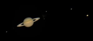 This month is perfect for viewing Saturn because the planet passed opposition, its closest point to Earth, on April 15. In this image, taken last April through a 1-meter telescope at McDonald Observatory near Fort Davis, Texas, Saturn’s icy rings gleam brightly in the sunlight with its entourage of moons in tow: from left, Tethys, Enceladus, Dione, Rhea and gigantic Titan.