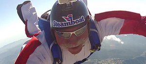 Joe Pete LoRusso proudly wears a Steamboat decal on his helmet while practicing for a world record skydiving formation this month above Lake Elsinore, Calif.