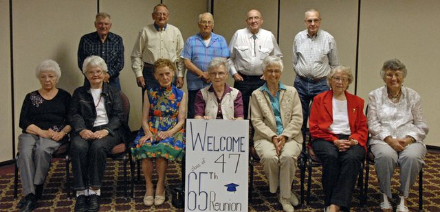 The Craig High School Class of 1947 is shown above. Front row, from left, is Marceline (Bordeaux) Bott, Kathleen (Myers) Cline, Stella Hall, June (Irick) Collins, Grace (Brenner) Bishop, Maxine (Miller) Updike and Helen (Roe) Bond. Back row, from left, is Tom Petersen, Chuck Cline, Jim Solace, Glen Sherman and Dean Visintainer.