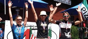 Tammy Jacques, center, and Amy Charity, right, celebrate Sunday after finishing the 2012 Guanella Hill Climb. Jacques was first, and Charity was second.