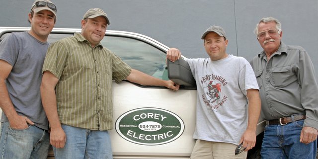 Craig Daily Press readers named Corey Electric as best electrician as part of the 2012 Best of Moffat County contest. Above, members of the family-operated business pause for a photo before traveling to a job in Wyoming. From left are Grant, Dave, Jr., Roger and Dave Corey. Not pictured: Janet Corey.