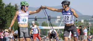 Todd Lodwick, right, won the morning's roller-ski cross-country race that preceded the Fourth of July Parade in downtown Steamboat Springs.