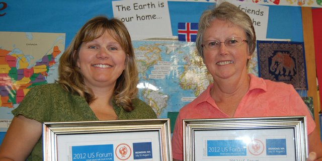 Sunset Elementary School teachers Melany Neton, left, and Cheryl Arnett display certificates of achievement from the Microsoft Partners in Learning 2012 U.S. Forum, which they attended July 31 to Aug. 1 in Redmond, Wash. The two Moffat County School District educators presented a project displaying the use of Microsoft technology in the classroom. Neton and Arnett won second place in the Knowledge Building & Critical Thinking category and will attend a similar event in Prague, Czech Republic, this fall.