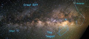 Follow the hazy band of the summer Milky Way toward the south to find the Teapot asterism of Sagittarius the Archer during the early evening this month. Sagittarius is located in a region rich in star clusters and colorful nebulae and is a delight to view with binoculars.