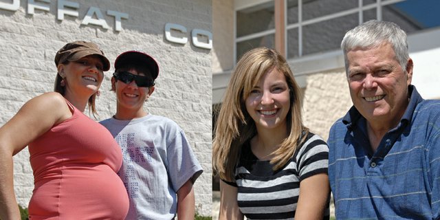 On the left, Myranda Lyons, left, and her son, Hunter Roberts, 14, stand Saturday outside Moffat County High School. Today Roberts started the next chapter in his life as a member of the Moffat County High School class of 2016. On the right, Ken Harjes, right, and his daughter, Caitlin, pause for a photo Saturday at Moffat County High School. Today marks the first day of Caitlin’s junior year, which has both father and daughter thinking about the next step, college.