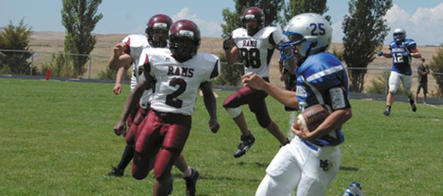 Senior Jacob Teeter crosses the goal line in the team's first game Sept. 1 against Ridge View Academy. Teeter and the Moffat County High School football team will need to score big again at 7 p.m. tonight at the Bulldog Proving Grounds in order to stick with Rifle High School's high-powered running offense.