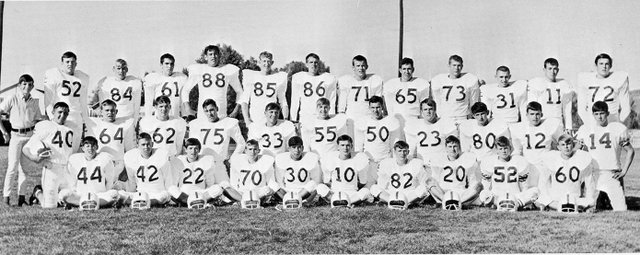 The 1967 Moffat County High School football team went further than any team in the school's history, losing one game in the regular season and then losing in the Colorado state championship game. The team will be honored during homecoming week in the 45th anniversary of its banner season. Back row (from left): Harry Peroulis (manager), Dan Carpenter, Steve Trouth, Marc Dean, Joe Braun, Eugene Miller, Mike Walker, Mike Brinks, Bill Hutton, Steve McKenna, Ron Schaeffer, Darrel Camilletti, Terry Penny. Middle row: Steve Dean Mike McCleery, Steve Schram, Tom Shaffer, Gary Wynkoop, Tom Witham, Drew Balleck, Mike Loyd, Steve Rutherford, Jan Ellsworth, John Raftopoulas. Front row: Fran Counts, Pat Terrill, Jim Abplanalp, Randy Jarrell, Terry Duran, Lonnia Novakovich, Frank Self, Mike Kiser, Dave Brinks, Larry Acre. Not pictured: John Charchalis