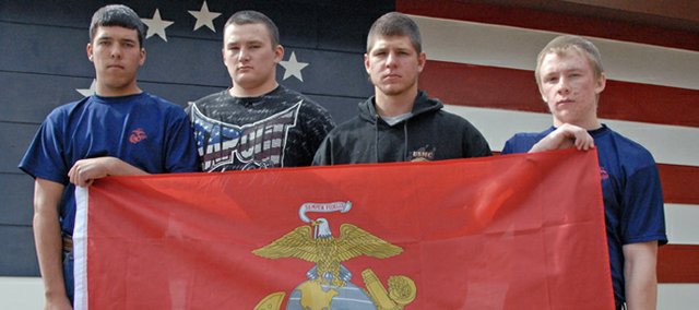 Four Moffat County resident, from left, Jesse Maneotis,17, Zach Hansen,18, Tyler Ripka, 18, and Pat Thompson,18, recently enlisted in the United States Marine Corps. Hansen and Thompson depart for boot camp Sunday. Ripka departs in December and Maneotis leaves in June 2013 following his graduation from Moffat County High School.