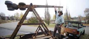 Steamboat Springs resident Johnny Walker plans to launch computer monitors with this trebuchet he built.