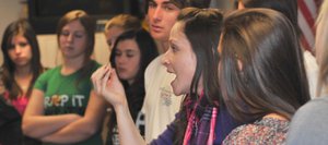 Erin Ronder, a teaching artist at the American Place Theatre, talks with English students at Steamboat Springs High School. The class was part of One Book Steamboat, which is focusing on the novel "The Things They Carried," a series of short stories by Vietnam veteran Tim O'Brien.