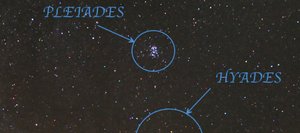 Not far from the familiar starry figure of Orion the Hunter are the two star clusters of Taurus the Bull: the Hyades and the Pleiades. The Hyades cluster is punctuated by the bright red star Aldebaran, the eye of the Bull. The fainter Pleiades cluster, or Seven Sisters, is twice as far from us as the Hyades and sometimes is mistaken for the Little Dipper.
