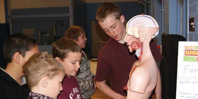Seventh-grader Cole White shows fifth-grader Kessler Patterson how the digestive system works during the Craig Middle School health fair. Brynna Vogt and Becky Fields’ science classes put together stations on health and the human body. Fifth-graders visited each station, where they viewed a poster, model, answered questions and participated in a learning activity.