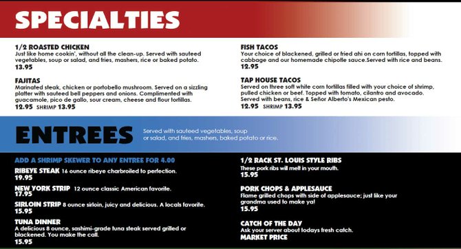 Specialties and Entrees at the Tap House