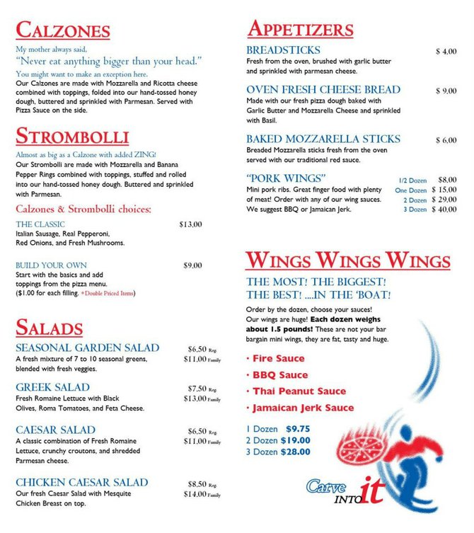 Calzones, Appetizers, Salads, Wings....