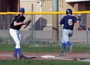 MCHS's Casey McClanahan gets an easy out at first Tuesday against visiting Rifle. McClanahan was one of four seniors to play his final games in the double header against the Bears.