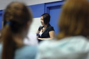 Lizeth Lopez was among several students who spoke during the ceremony. More than 70 students received Gateway laptop computers after completing the program.