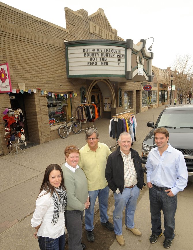 Valerie Stafford, from left, Tracy Barnett, Bill Rangitsch, Jim Cook and Jon Sanders are forming a nonprofit group with the intent to purchase and renovate the Chief Plaza Theater. The group envisions a single-stage performing arts venue that could draw local, regional and national acts as part of a cultural anchor for downtown Steamboat Springs.