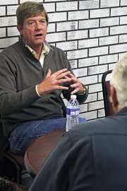 Republican Congressman-elect Scott Tipton speaks Tuesday to Moffat County Commissioner Tom Mathers during his visit to the Moffat County Courthouse to listen to the commission’s concerns. Top among the issues discussed were natural resources, the economy and infrastructure for telecommunications.