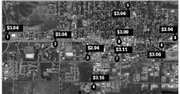 An aerial view of Craig, with gas prices noted for a gallon of unleaded gas. See text for names of the gas stations.