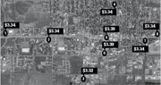 An aerial view of Craig, with gas prices noted for a gallon of unleaded gas. See text for names of the gas stations.