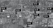 An aerial view of Craig, with gas prices noted for a gallon of unleaded gas. See text for names of the gas stations.