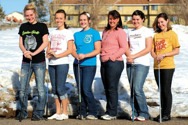 The Moffat County High School girls varsity golf team is, from left, Callie Papoulas, Nike Cleverly, Jessica Matthews, coach Ann Marie Roberts, Samantha Fox and Caitlin Harjes. The Bulldogs won the 4A regional title last season on their home course at Yampa Valley Golf Course and will look to win the school’s second title this season.