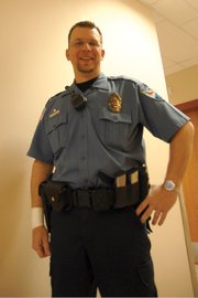 Craig Police Department Officer Ryan Fritz stands Tuesday at the Moffat County Public Safety Center. Fritz was recognized by the department this week for helping three Moffat County Sheriff’s Office deputies save the life of an inmate at the Moffat County Jail last month.