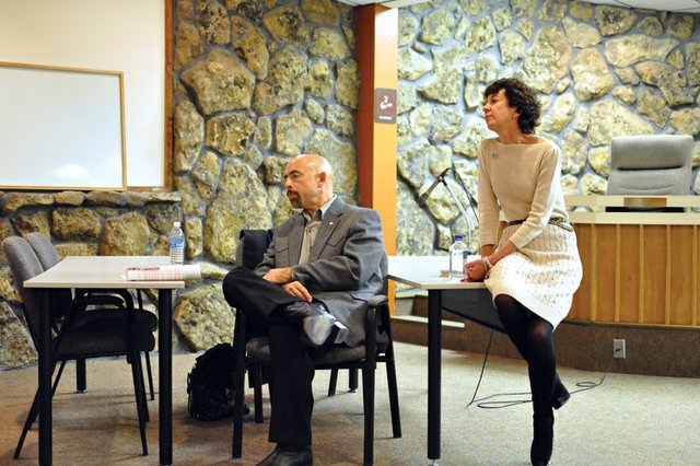 Lt. Gov. Joe Garcia, left, and Christine Benero, president and CEO of Mile High United Way in Denver, listen to an audience member speak during a public forum Monday at Craig City Hall. Craig was the second stop in Garcia’s tour across the state to gather ideas for fostering literacy in children from birth to age 8.