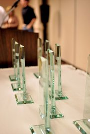 Awards sit on a table Wednesday before a Moffat County United Way luncheon at Holiday Inn of Craig. The organization recognized more than 20 local businesses and entities that contributed to its 2012 fundraising campaign.