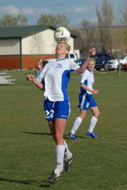 Moffat County High School junior Bailey Hellander heads the ball in the MCHS girls varsity soccer team’s home game against Glenwood Springs this season. The team’s season record was 2-13 overall, 1-11 in the 4A Western Slope League.