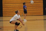 Moffat County High School incoming sophomore Lauren Samuelson prepares to bump the ball Tuesday during a volleyball skills camp at MCHS. The camp, led by MCHS graduated April Sanchez, focused on passing and ball control.