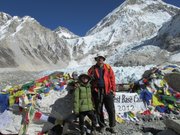 Scott Patterson and his son Kessler, 10, stand at Mount Everest base camp during a December trip to Nepal.