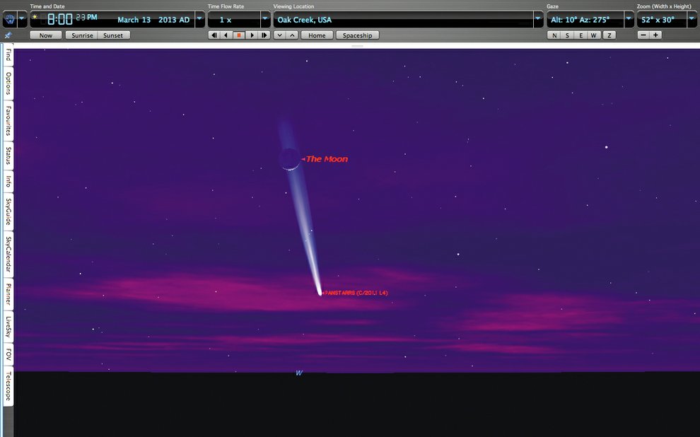 Starry Night planetarium software predicts Comet PanSTARRS and the crescent moon could look like this low in the western sky at 8 p.m. March 13.