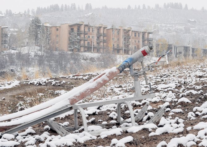 Snow guns sit idol at the bottom of Steamboat Ski Area on Thursday afternoon. The ski area began making snow overnight Wednesday.