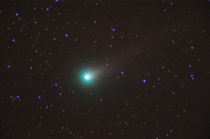 Comet Lovejoy now is at the naked-eye limit and getting brighter while Comet ISON struggles to become a binocular object. In this telescopic image, taken at 4:03 a.m. Sunday from Stagecoach, Comet Lovejoy sports a faint yellowish dust tail and a glowing green coma. Both comets should continue to brighten through November in our predawn sky.